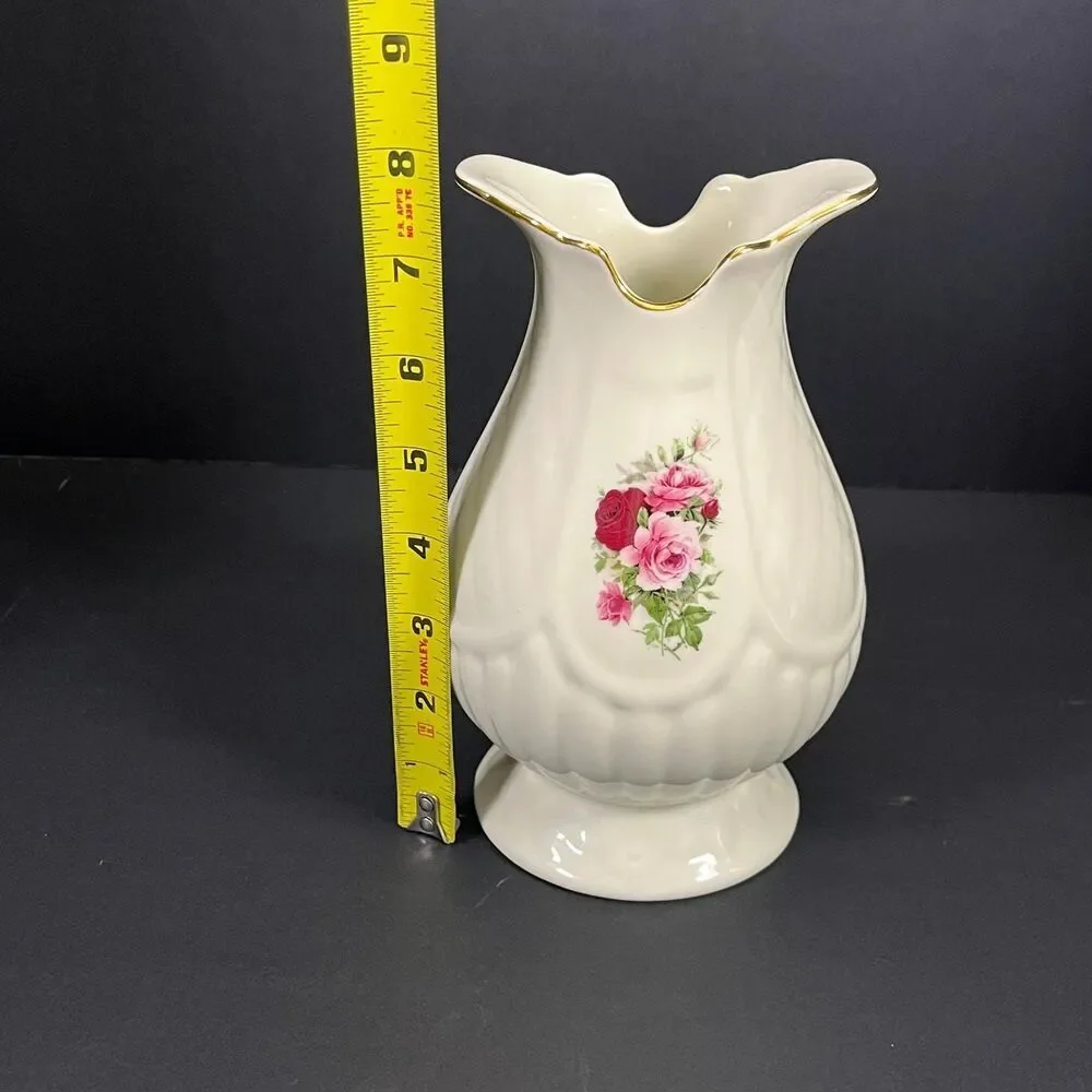 Vintage Formalities by Baum Bros Cream Floral Vase Gold Rim Pedestal Footed Vase